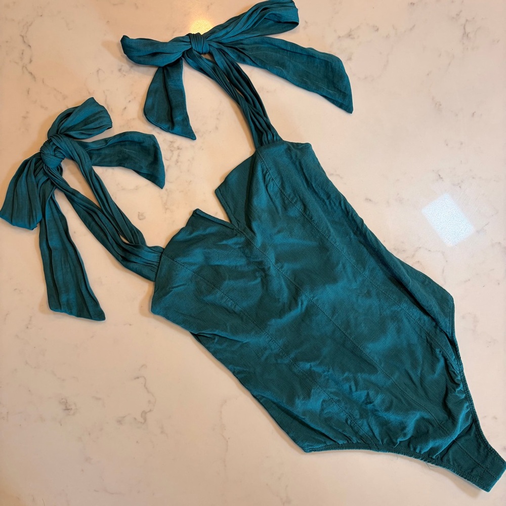 Free People Lola Teal Shoulder Tie Seamed Bodysuit